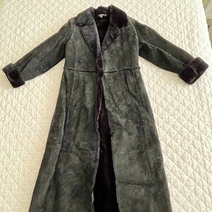 Express Black Suede Leather Long Maxi Coat Jacket Faux Fur Lining and Collar Med